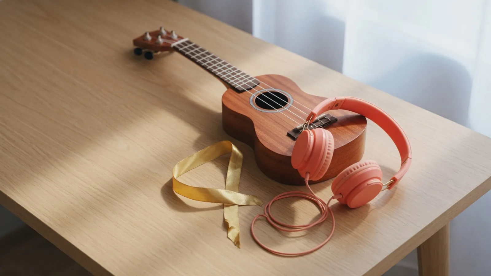 Eine Ukulele, korallenrote Kopfhörer und ein kurzes goldenes Band auf einem Schreibtisch aus Holz