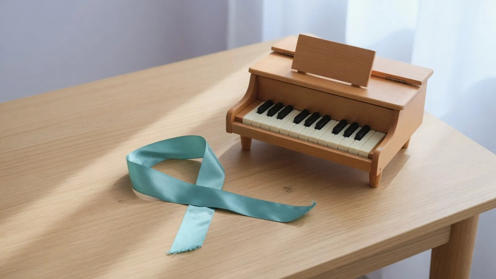 Ein kurzes blaugrünes Band neben einem kleinen Holz-Spielzeugklavier