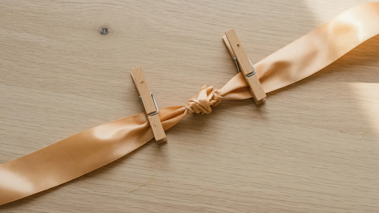 Ein goldenes Band auf einem Holzschreibtisch, gehalten von zwei Wäscheklammern aus Holz.