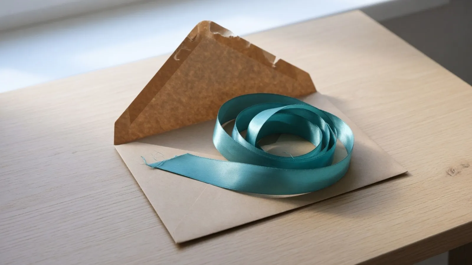 Eine Rolle blaugrünes Band in einem geöffneten Umschlag aus Kraftpapier