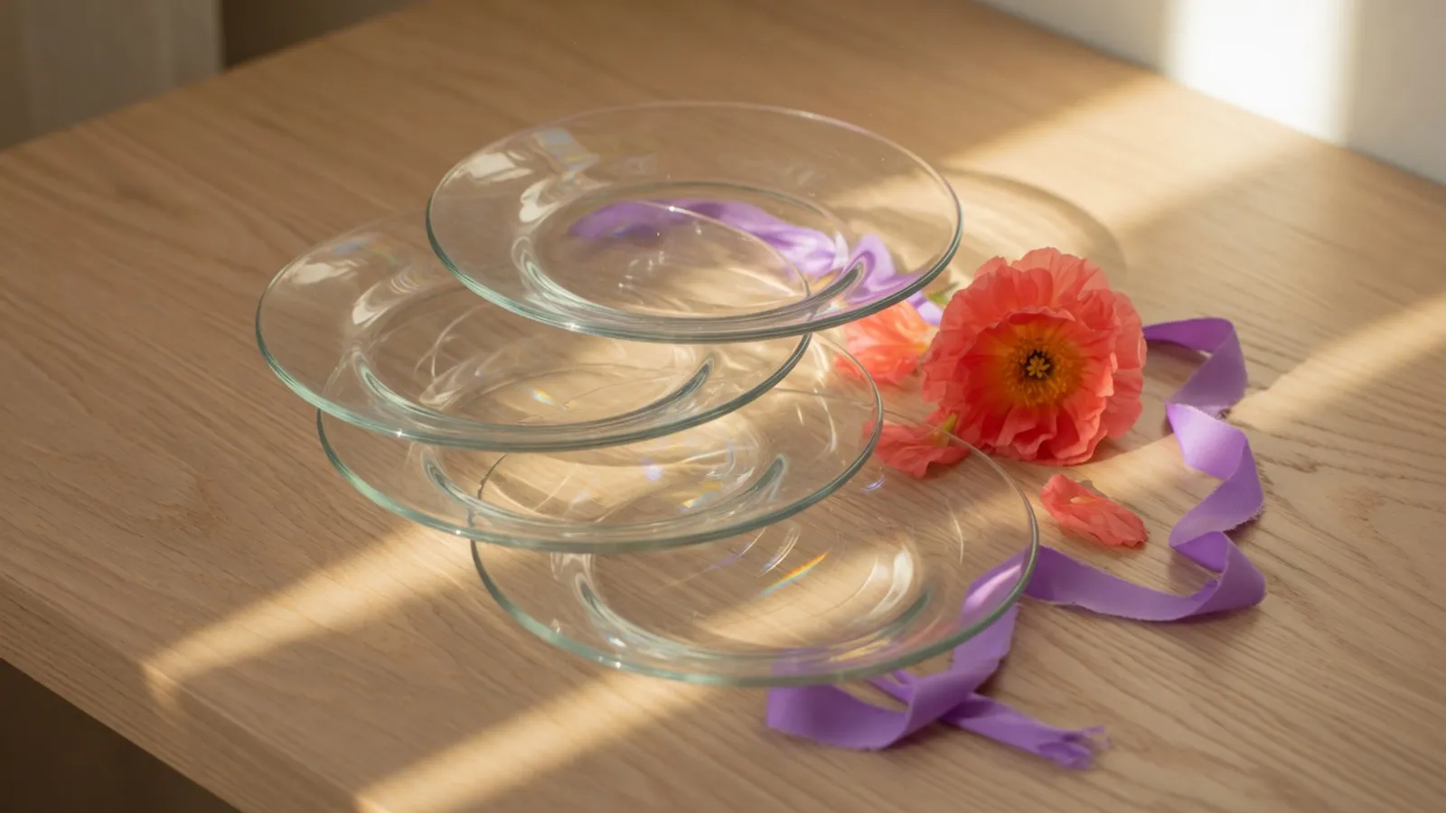 Vier schlichte Glasteller gestapelt auf einem Holztisch, daneben eine korallenrote Blume und ein violettes Band