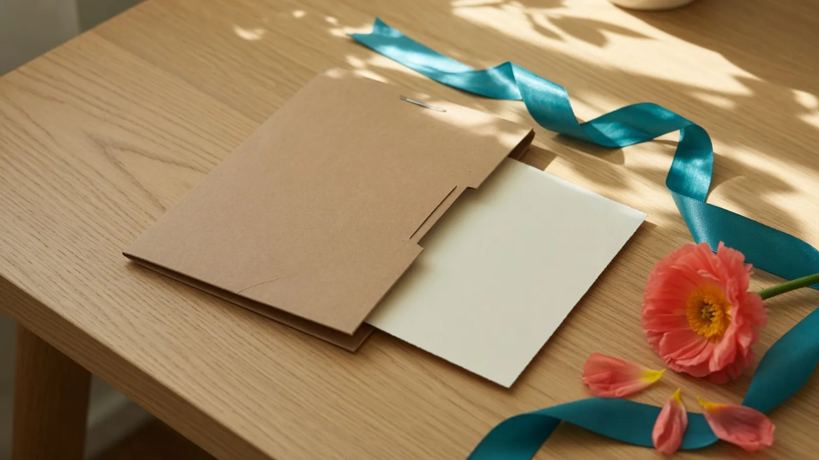 Eine Mappe aus Kraftpapier, aus der eine leere Karte herausgleitet, neben einem blaugrünen Band und einer korallenroten Blume