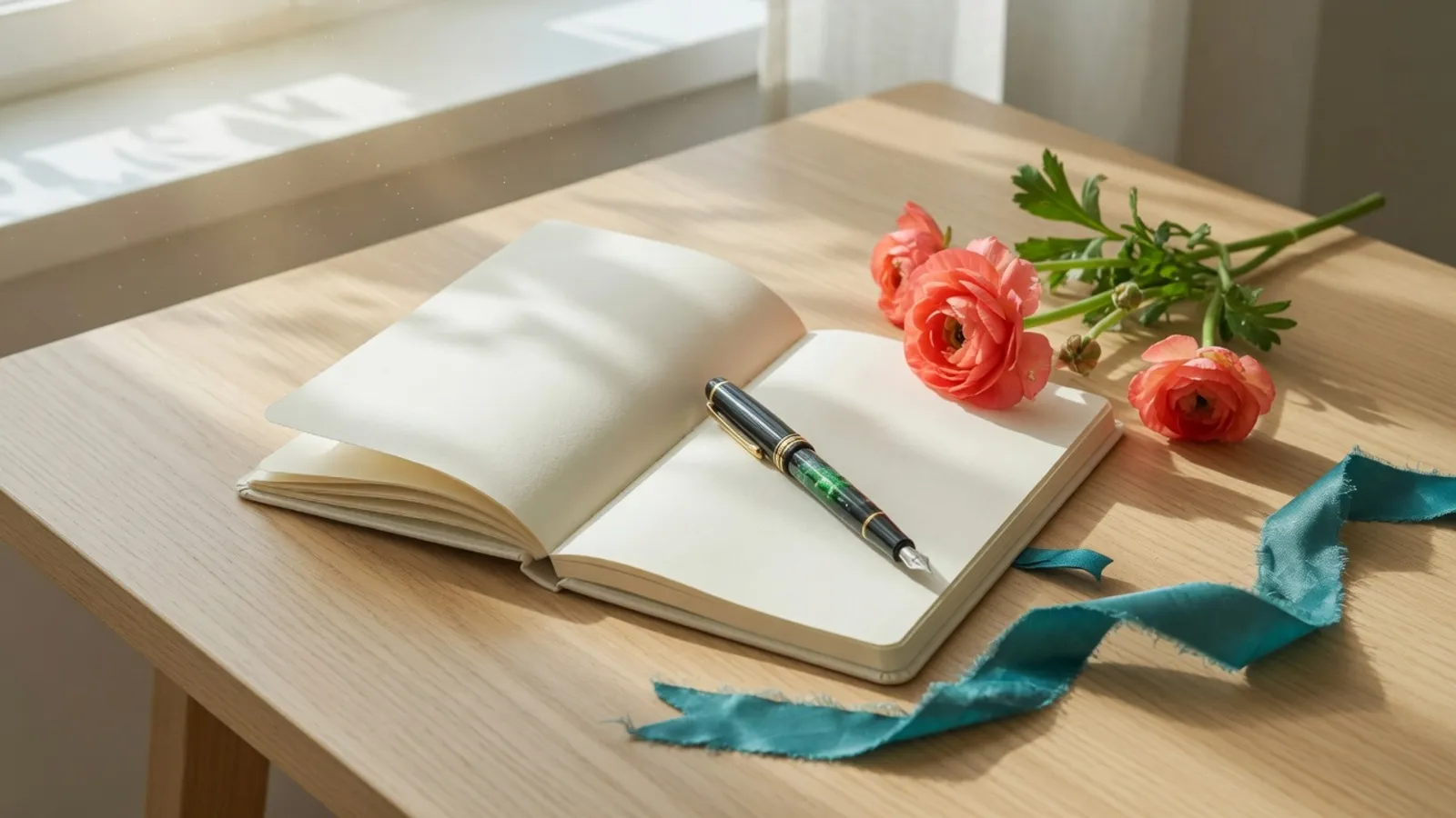 دفتر ملاحظات فارغ مفتوح وقلم حبر وأزهار بلون مرجاني وشريط بلون أزرق مخضر على مكتب خشبي تضيئه أشعة الشمس