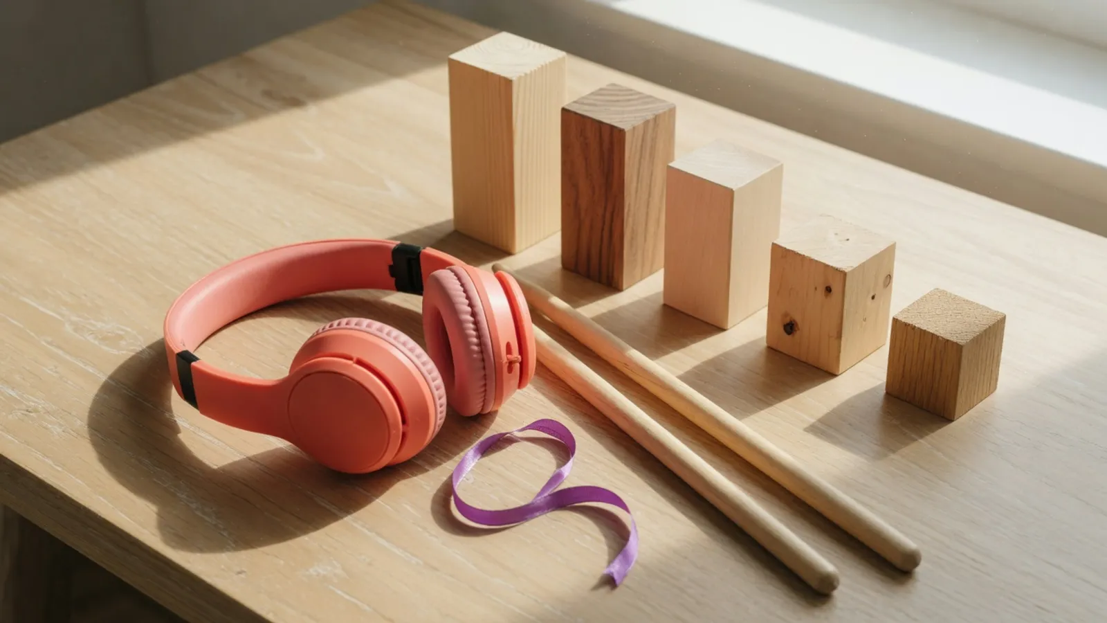 Coral headphones, two drumsticks and wooden blocks of different heights on a wooden desk
