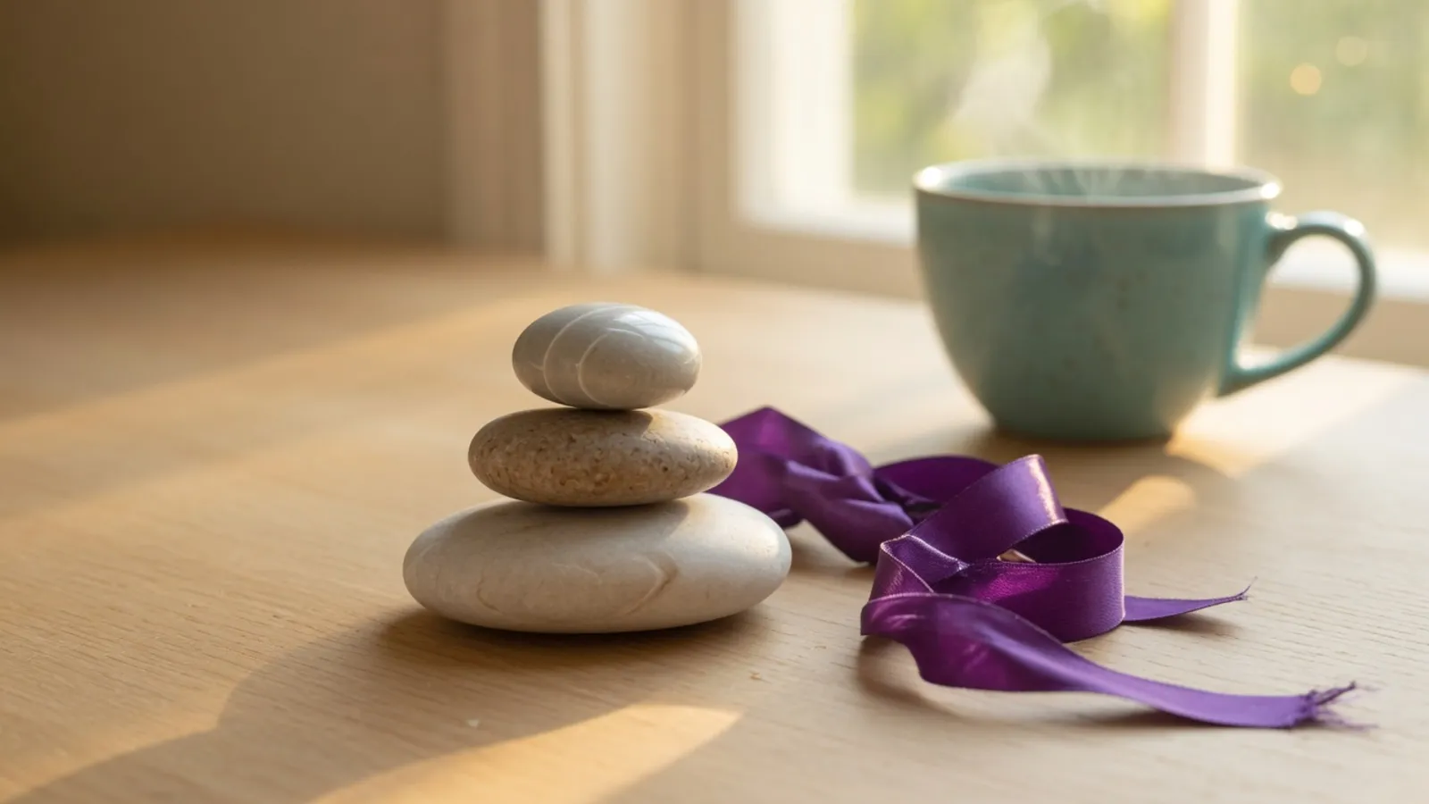 Three smooth stones stacked by a window, with a violet ribbon and a teal cup