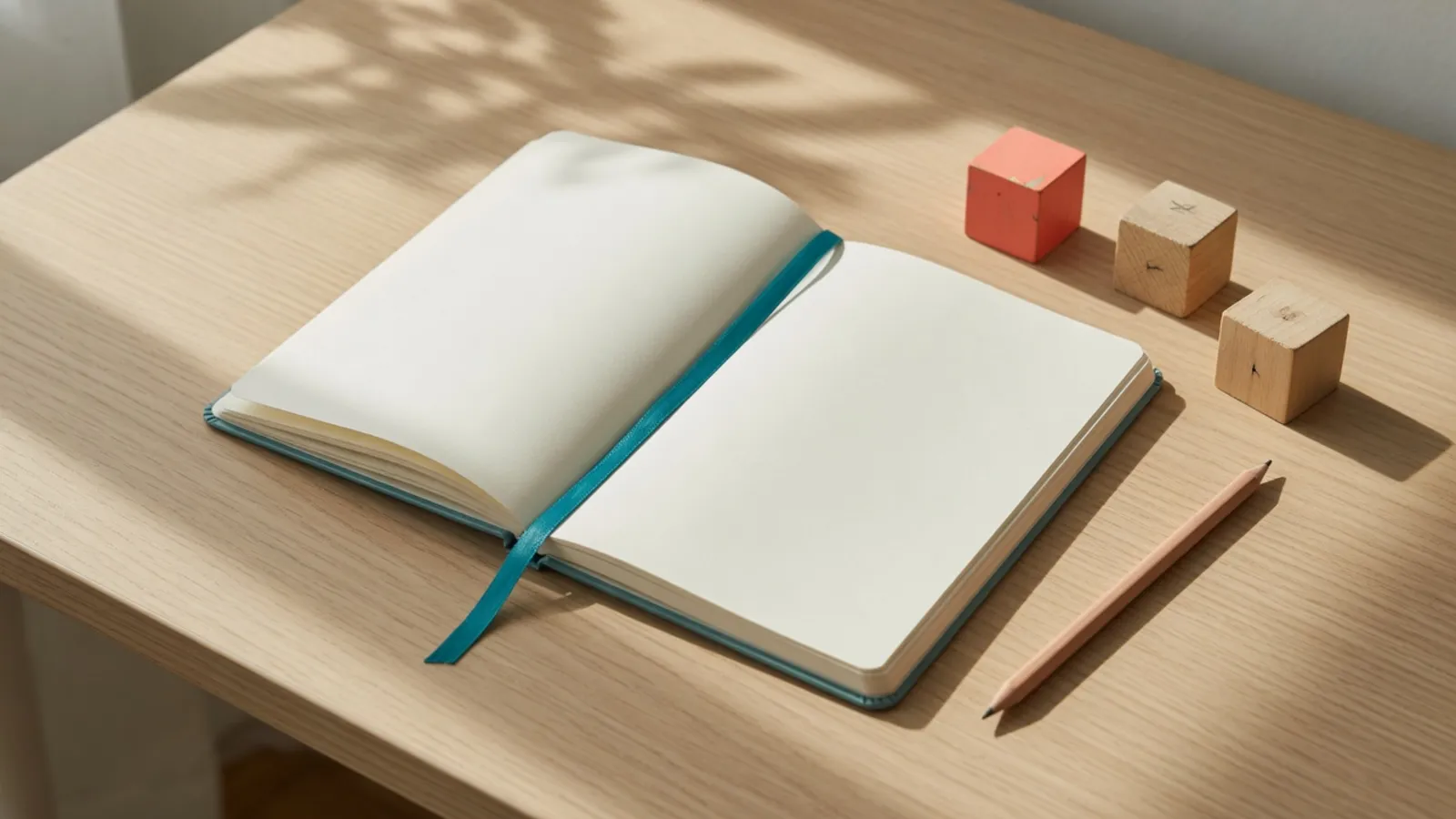 An open blank notebook beside wooden cubes, one of them coral, and a pencil