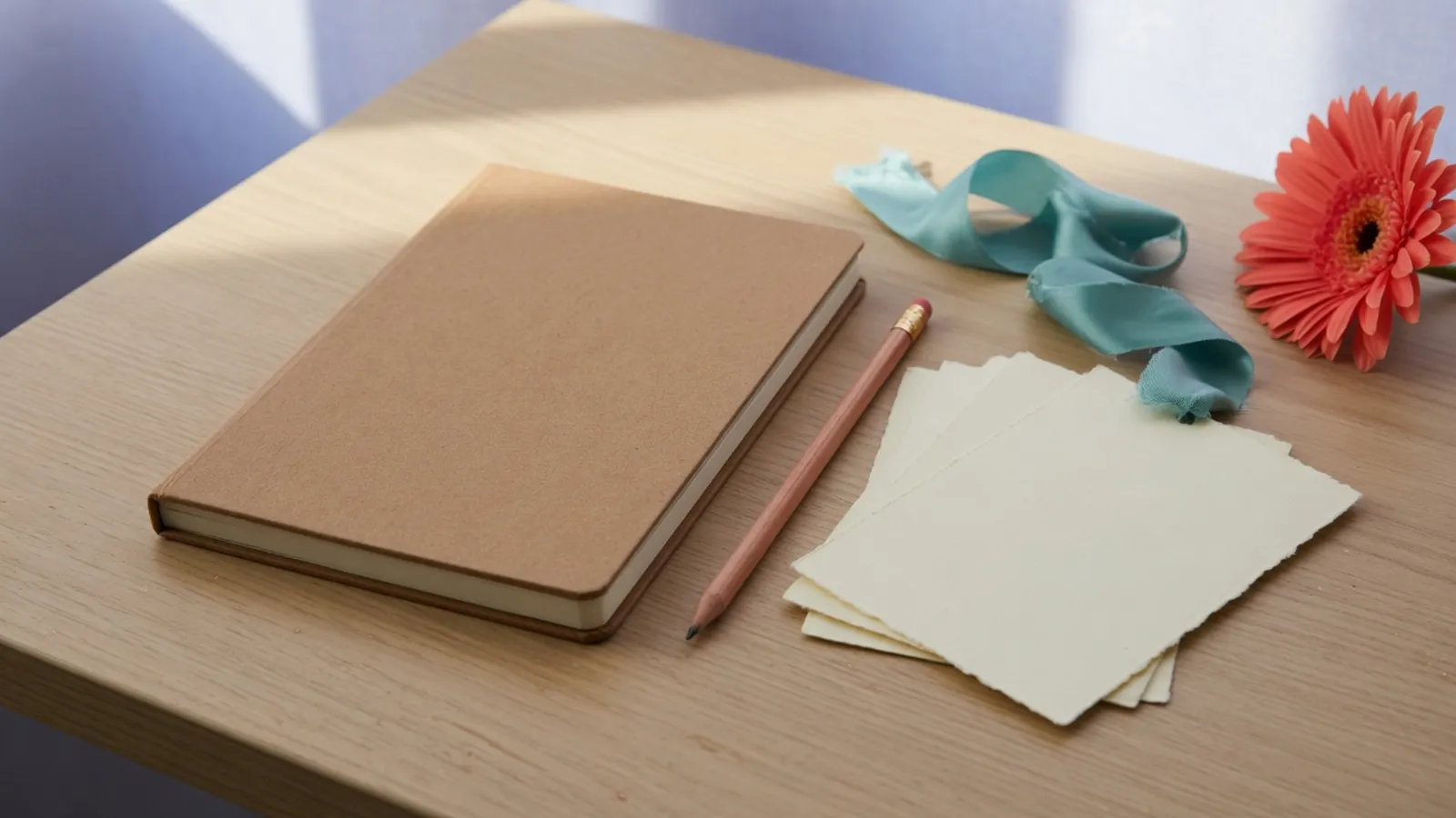 A closed kraft notebook, a pencil, blank cards and a teal ribbon on a wooden desk
