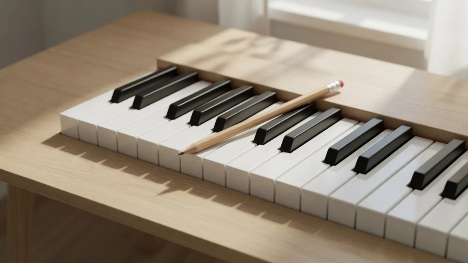 A wooden pencil lying across the black and white keys of a keyboard