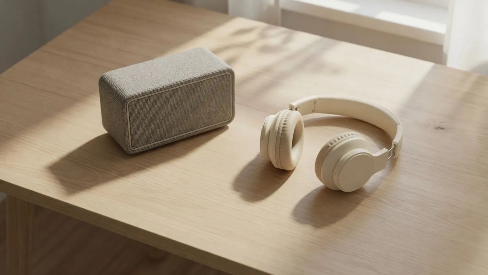 A fabric-covered speaker and cream headphones on a wooden desk