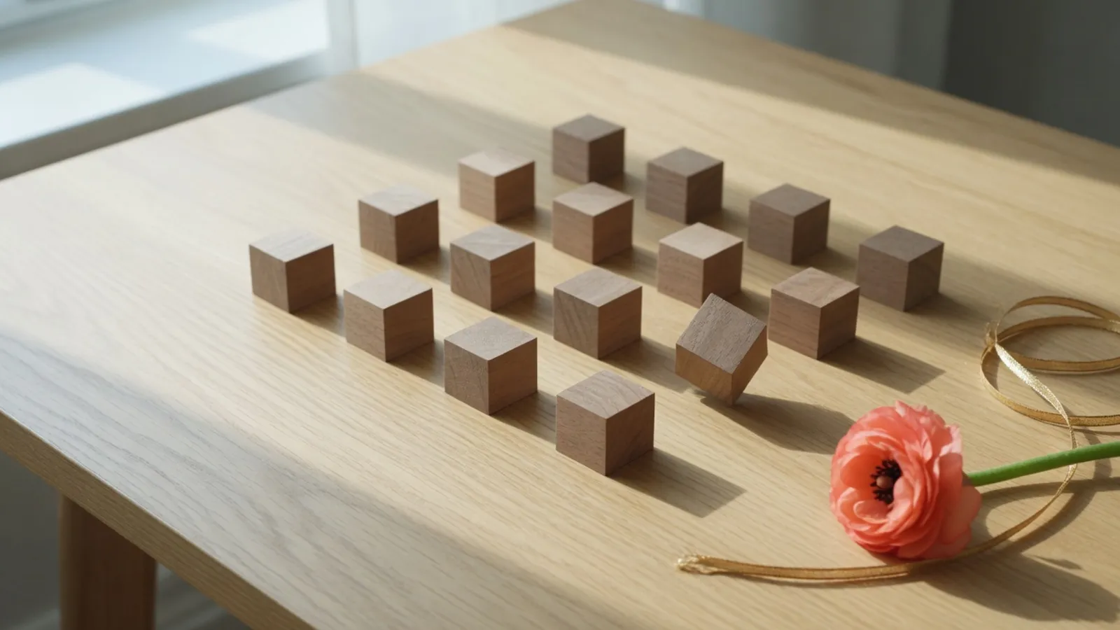 A loose grid of wooden cubes on a sunlit desk, with one cube tilted apart and a coral flower