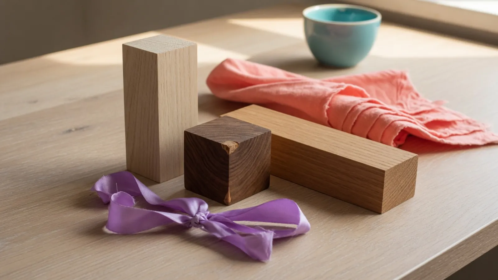 A tall wooden block, a short dark cube and a long low block, with a violet ribbon