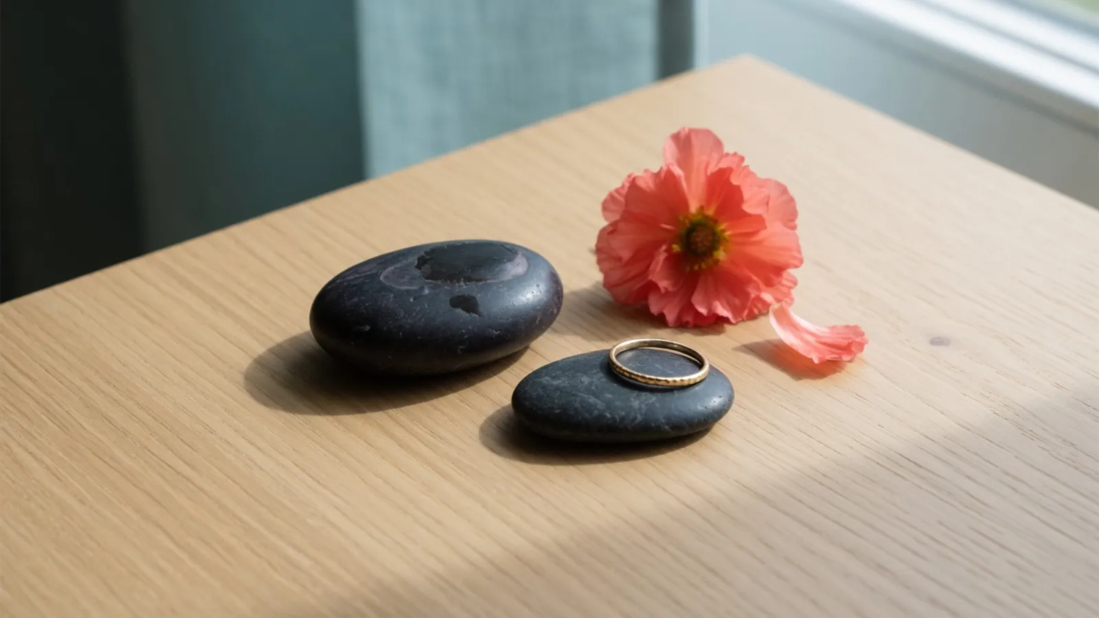 Two smooth dark stones on a wooden desk, a thin gold ring resting on the smaller stone