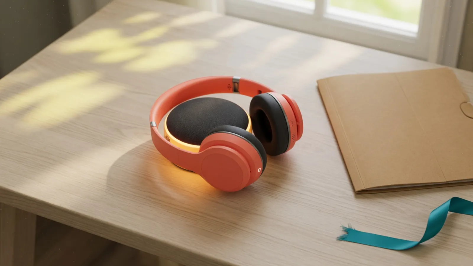Coral headphones on a glowing round speaker beside a closed kraft folder
