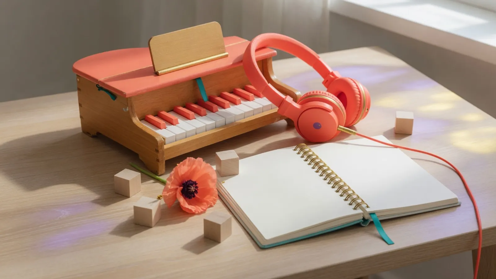 A wooden toy piano, coral headphones, an open blank notebook and small wooden cubes on a sunlit desk