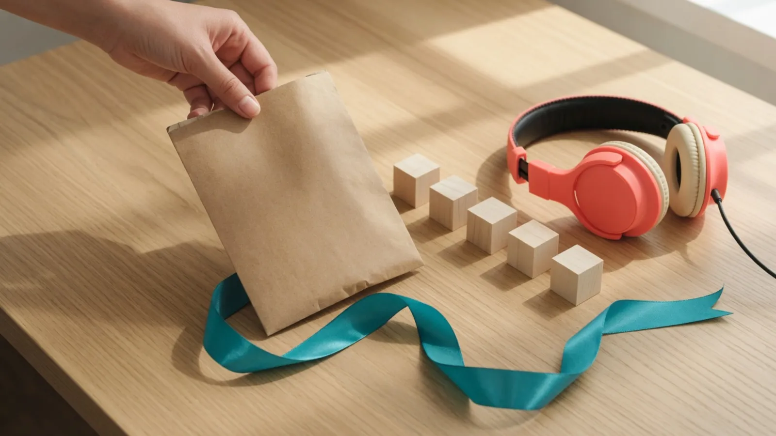 A hand setting down a plain kraft sleeve beside wooden cubes and coral headphones