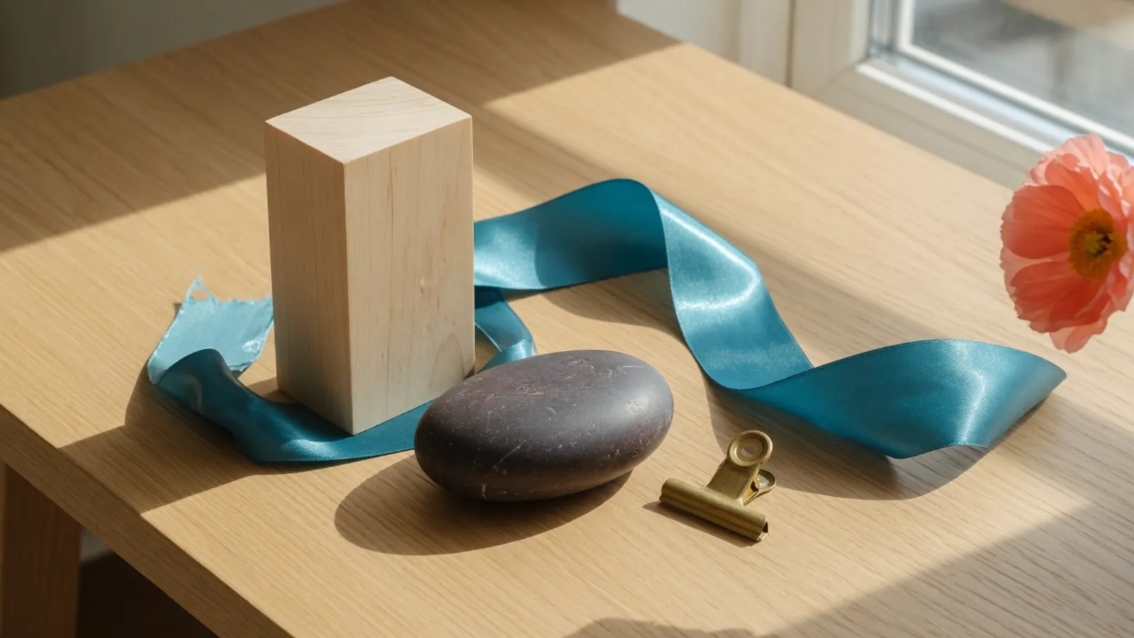 A tall wooden block, a teal ribbon, a smooth stone and a brass clip on a wooden desk