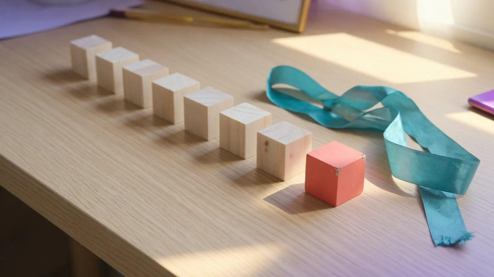 A row of pale wooden cubes with one coral cube set apart, beside a teal ribbon