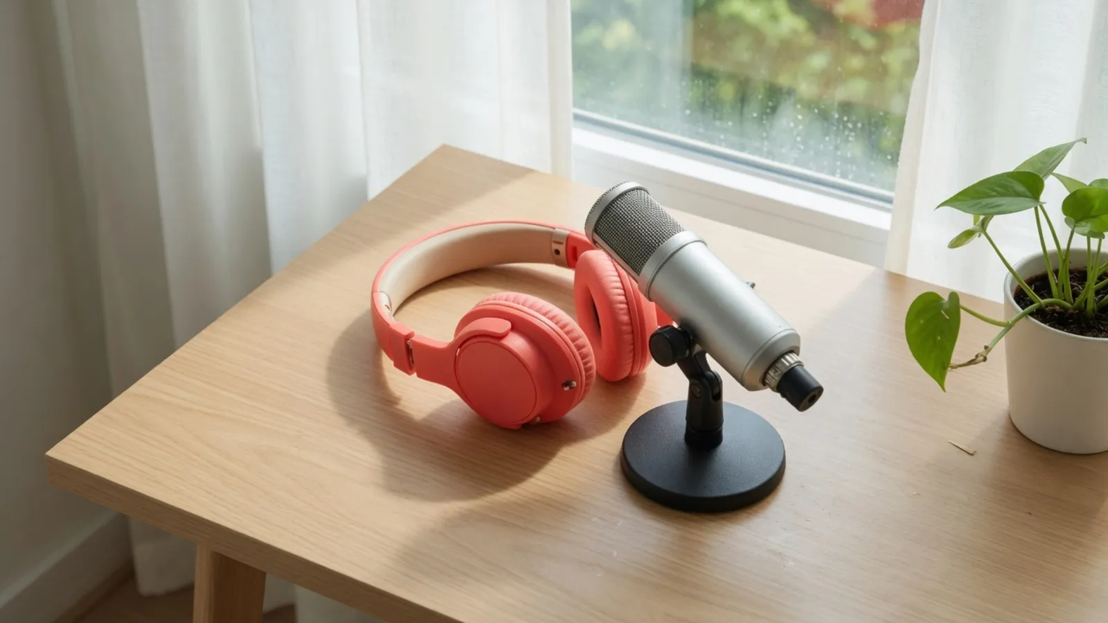 Coral headphones and a microphone on a stand, with a potted plant by a window