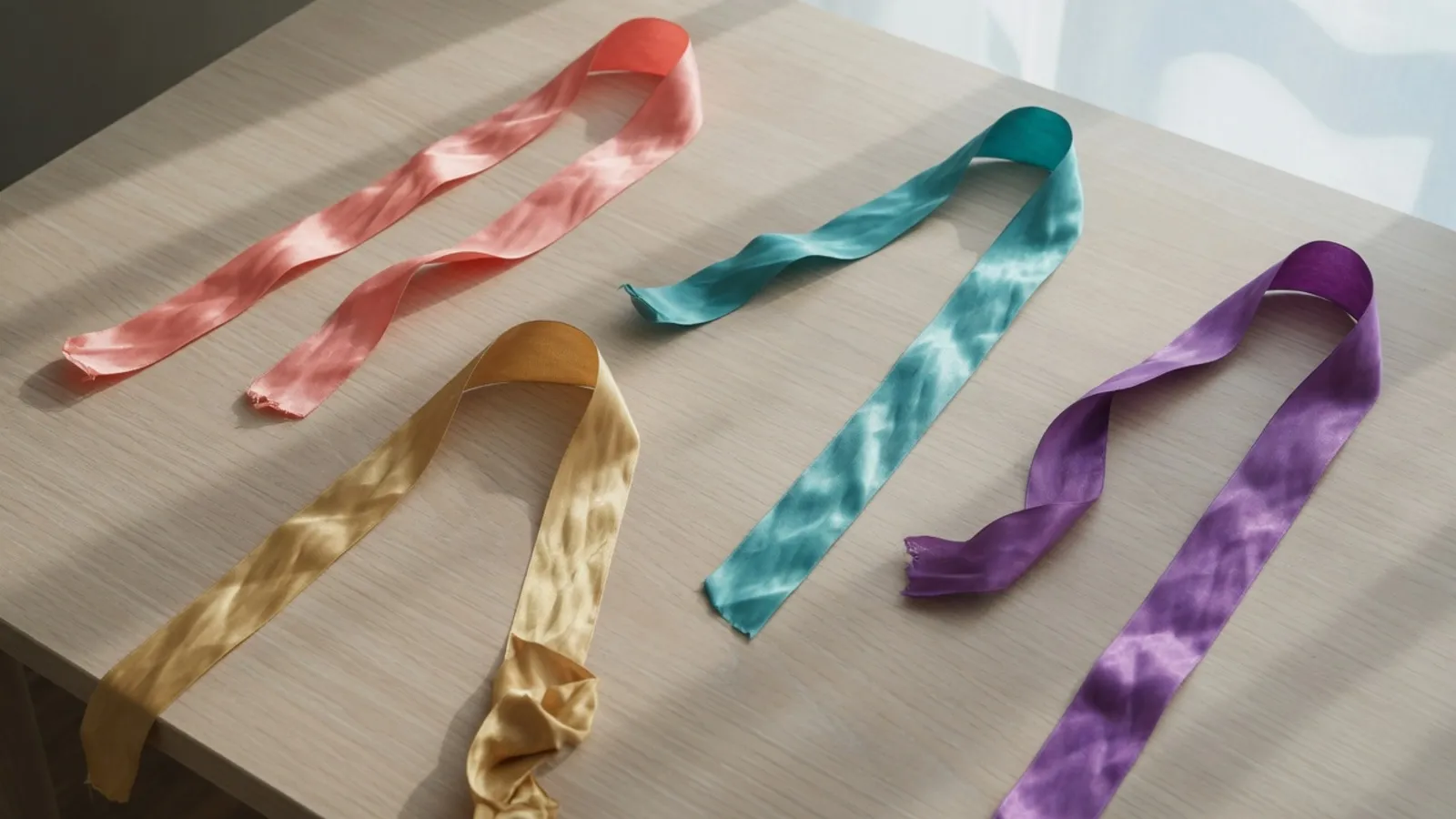 Four satin ribbons in coral, teal, gold and violet laid apart on a wooden desk