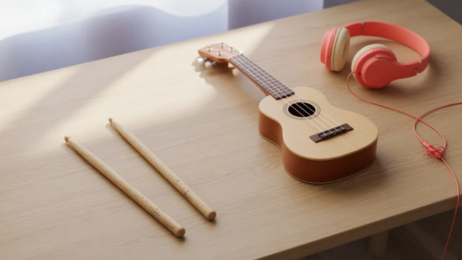 Two drumsticks, a ukulele and coral headphones on a wooden desk