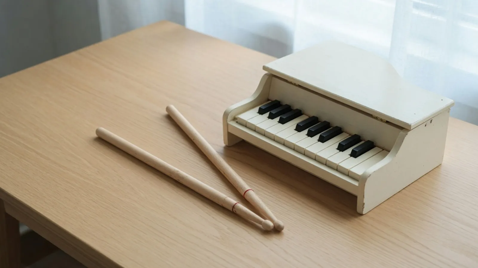 Two drumsticks beside a small white toy piano