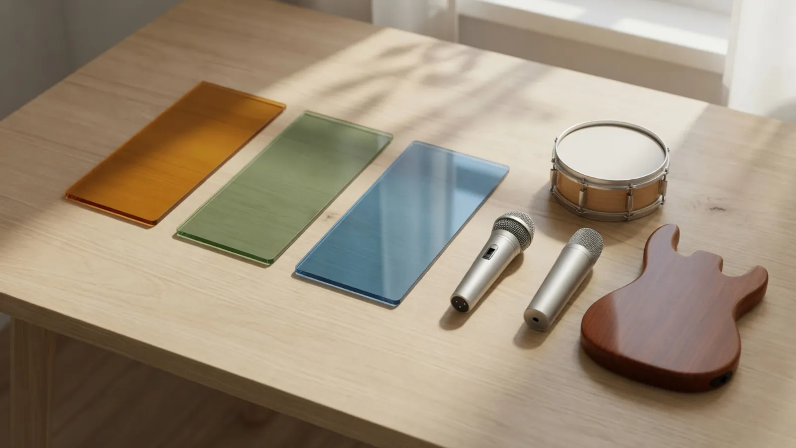 Amber, green and blue glass panes beside a snare, two microphones and a bass guitar body on a wooden desk
