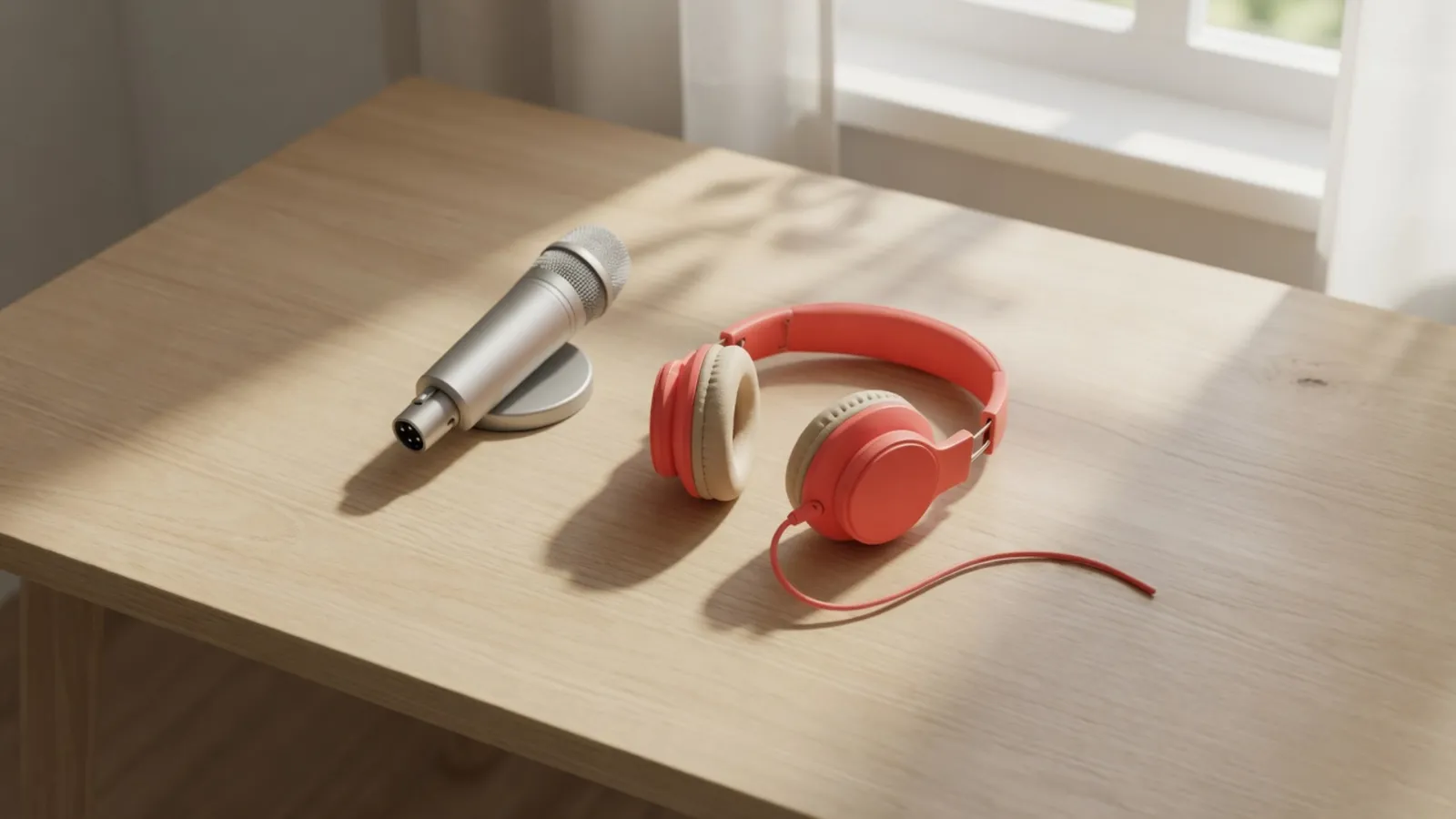 A silver microphone and coral headphones on an otherwise empty wooden desk