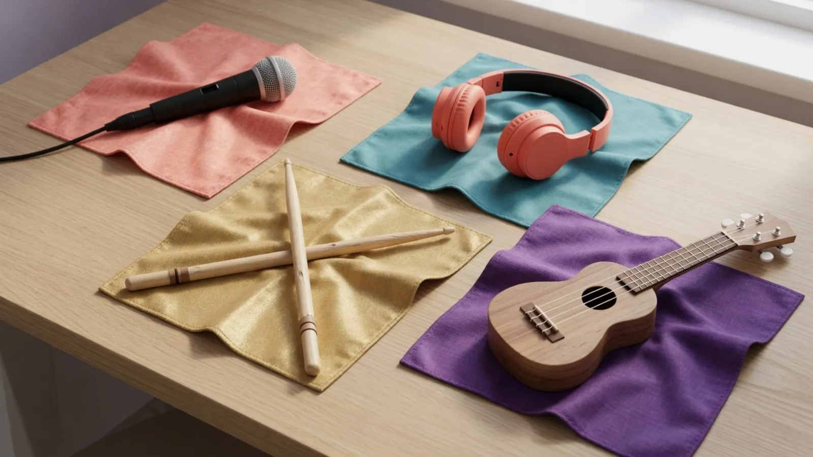 A microphone, headphones, drumsticks and a ukulele, each on its own colored cloth