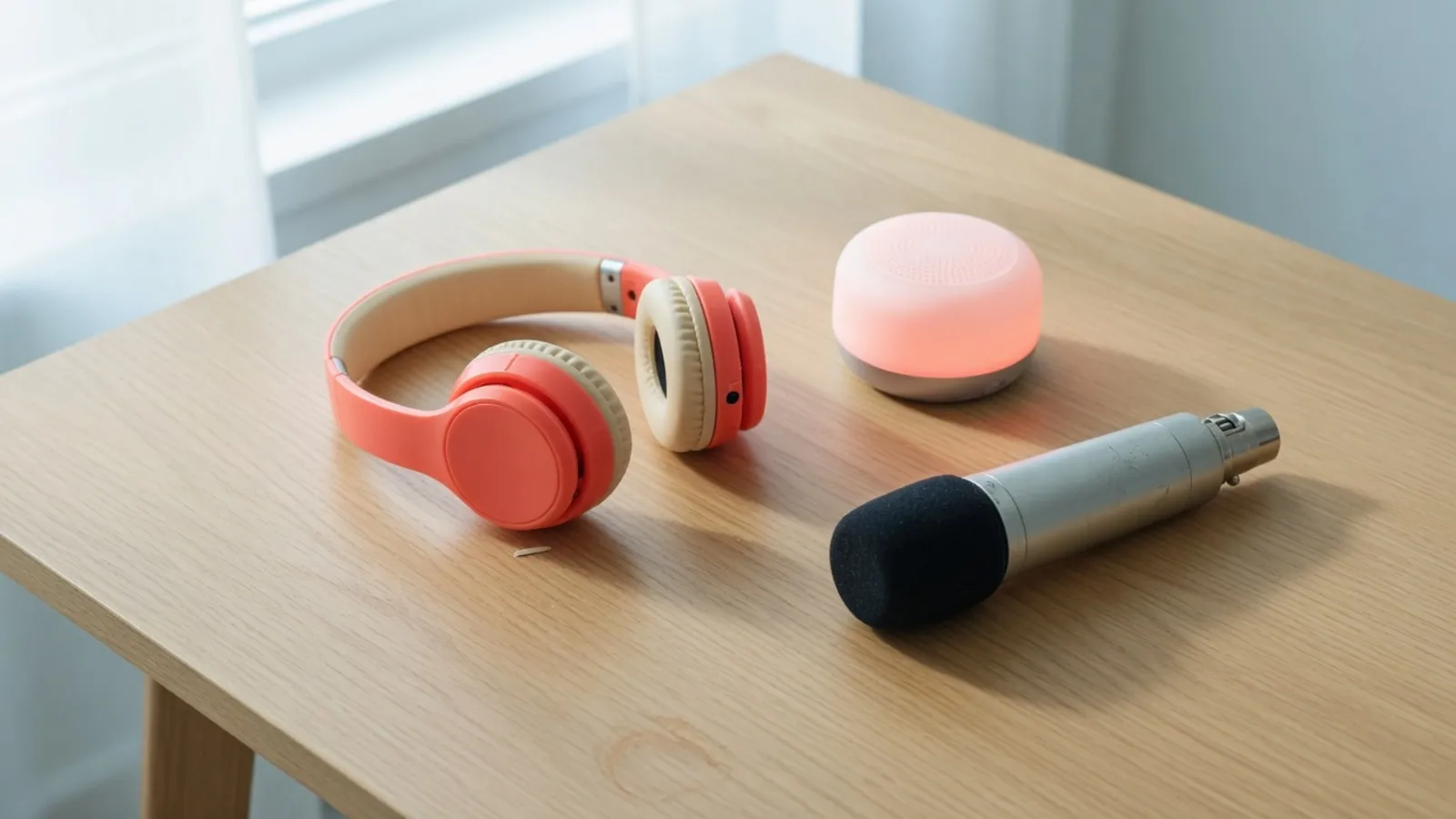 Coral headphones and a glowing speaker, with a microphone lying nearby