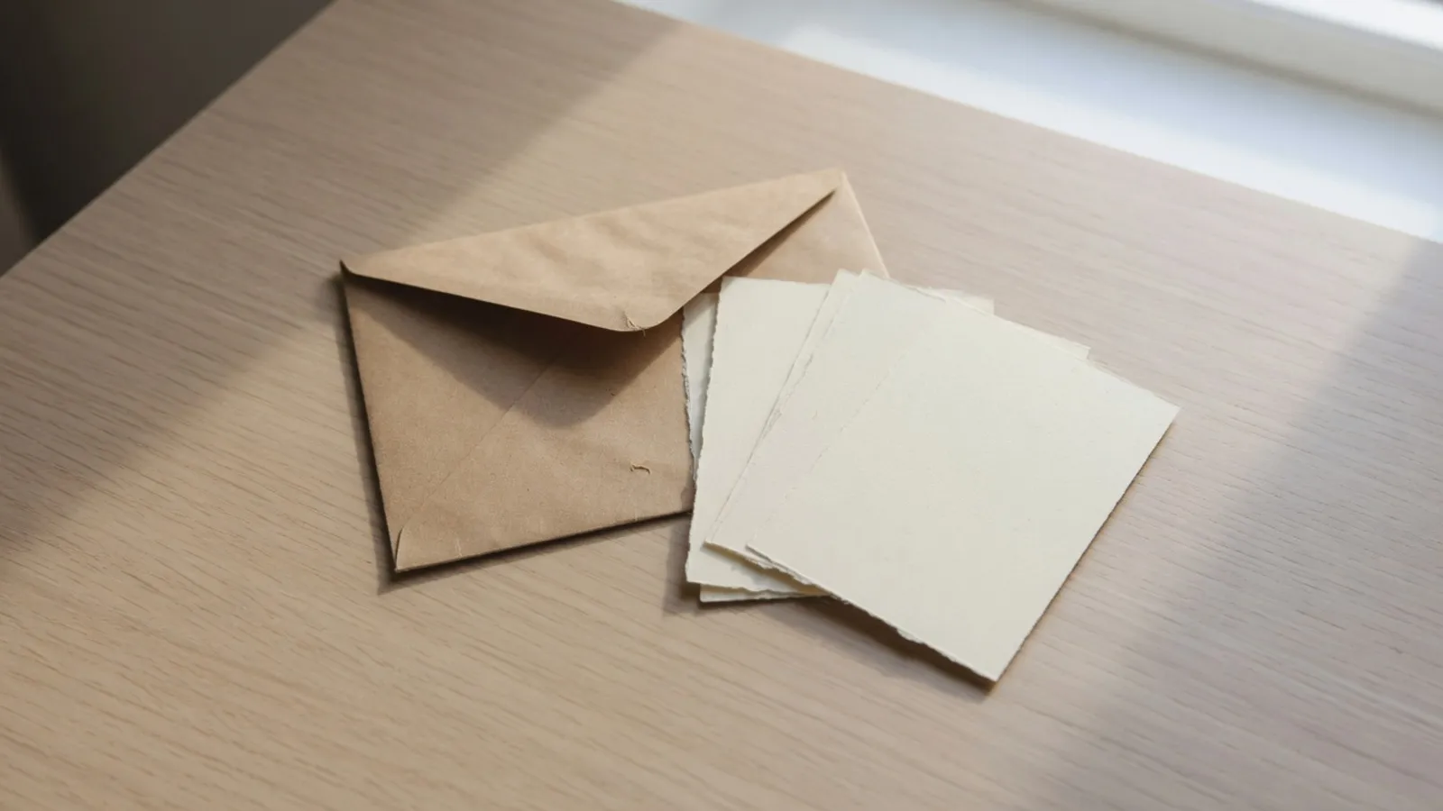 A kraft envelope beside a stack of blank cards on a wooden desk