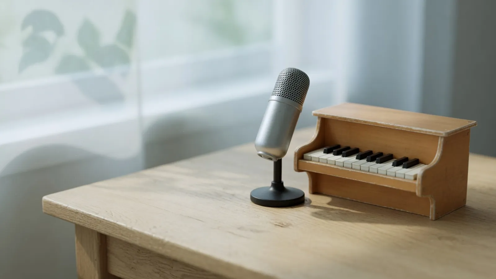 A silver microphone on a stand beside a small wooden toy piano