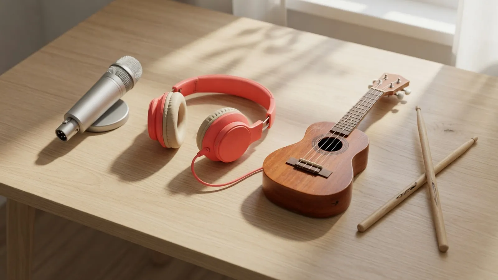 A microphone, coral headphones, a small ukulele and two drumsticks spaced on a wooden desk