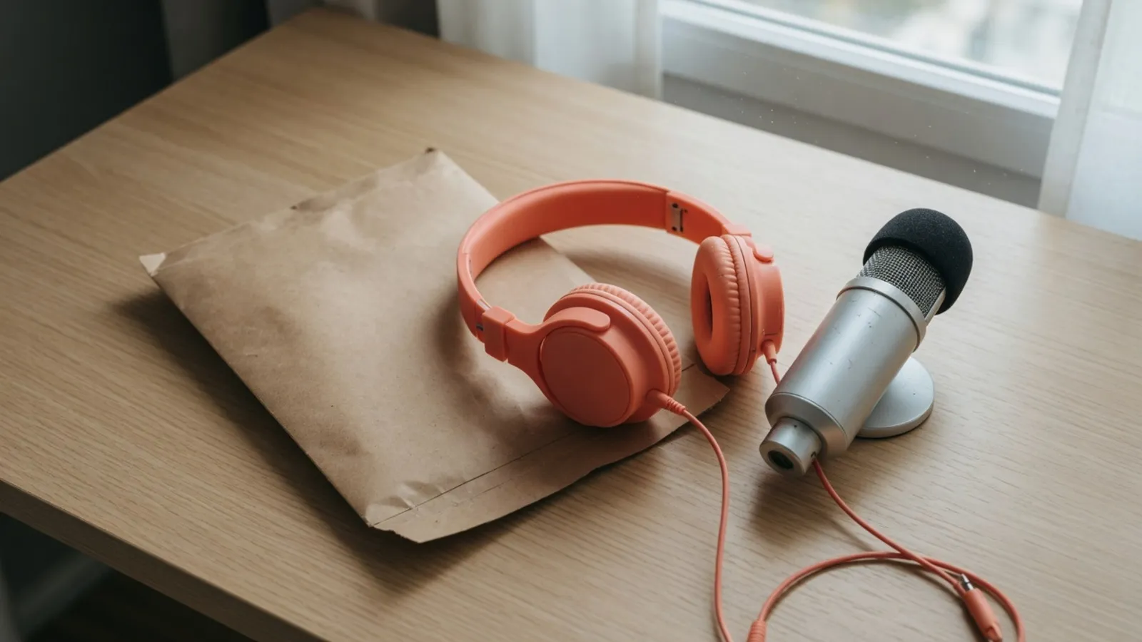 Coral headphones and a silver microphone resting on a plain kraft paper sleeve