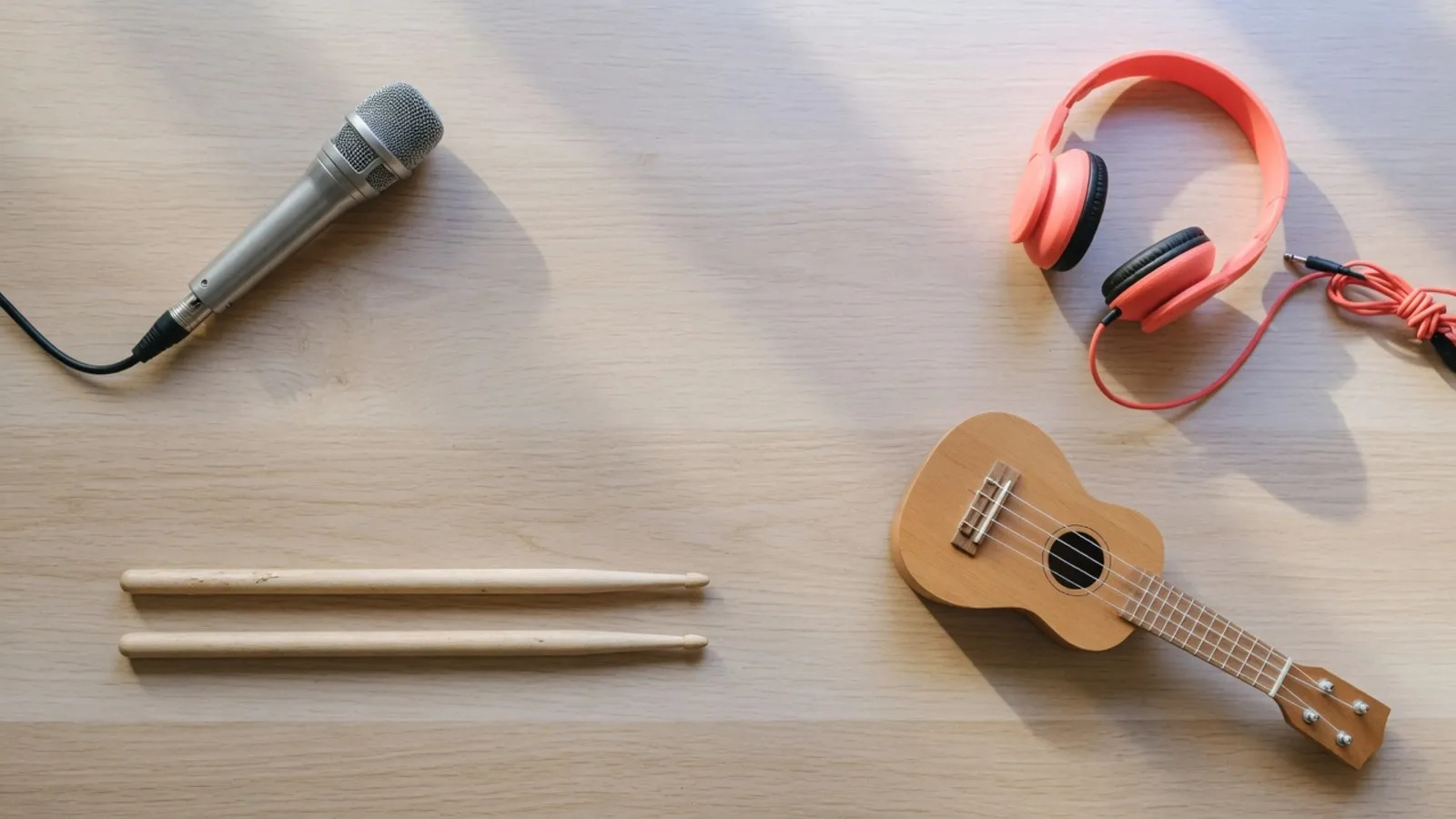 A microphone, coral headphones, two drumsticks and a ukulele set far apart on a wooden desk