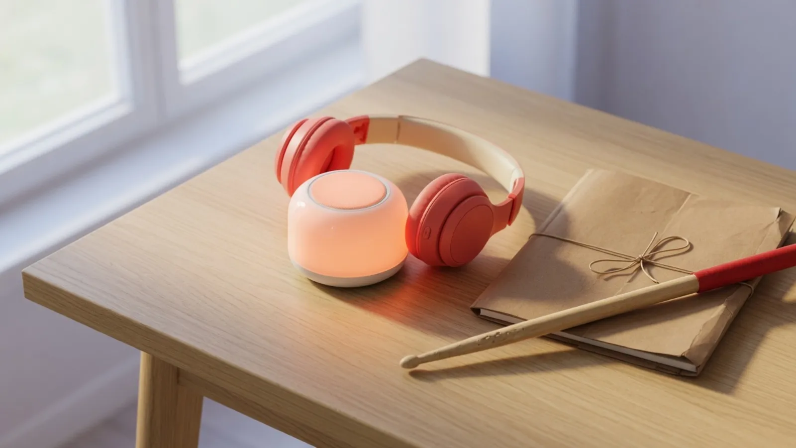 Coral headphones on a glowing speaker, beside a kraft folder and a drumstick