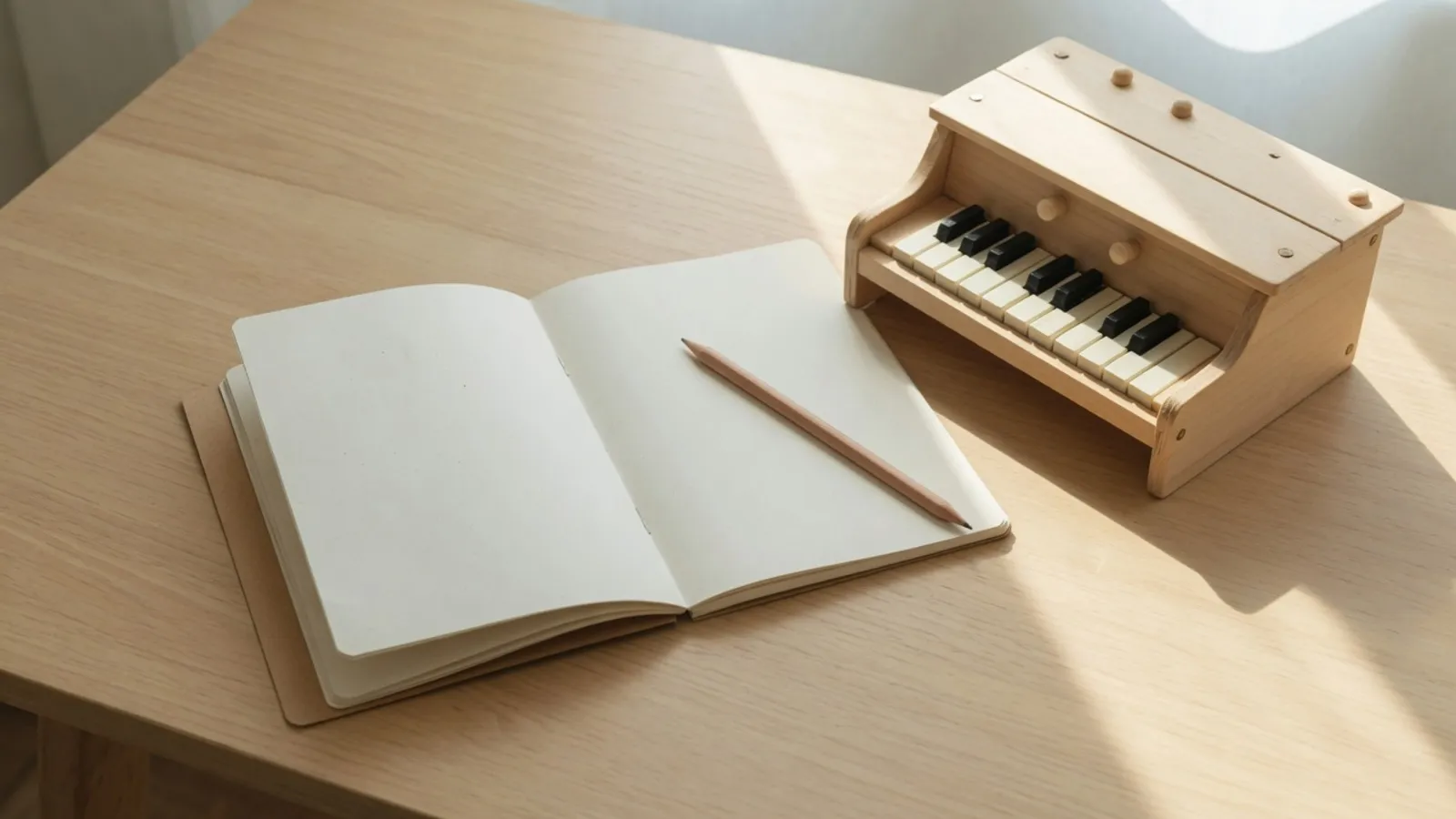 Ein aufgeschlagenes leeres Notizbuch und ein einfacher Bleistift neben einem kleinen Holz-Spielzeugklavier