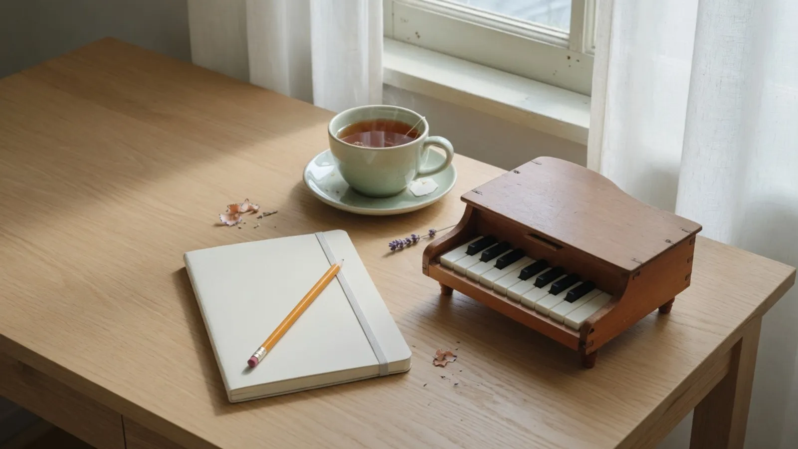 Ein Bleistift auf einem geschlossenen Notizbuch, eine Tasse Tee und ein kleines Spielzeugklavier am Fenster