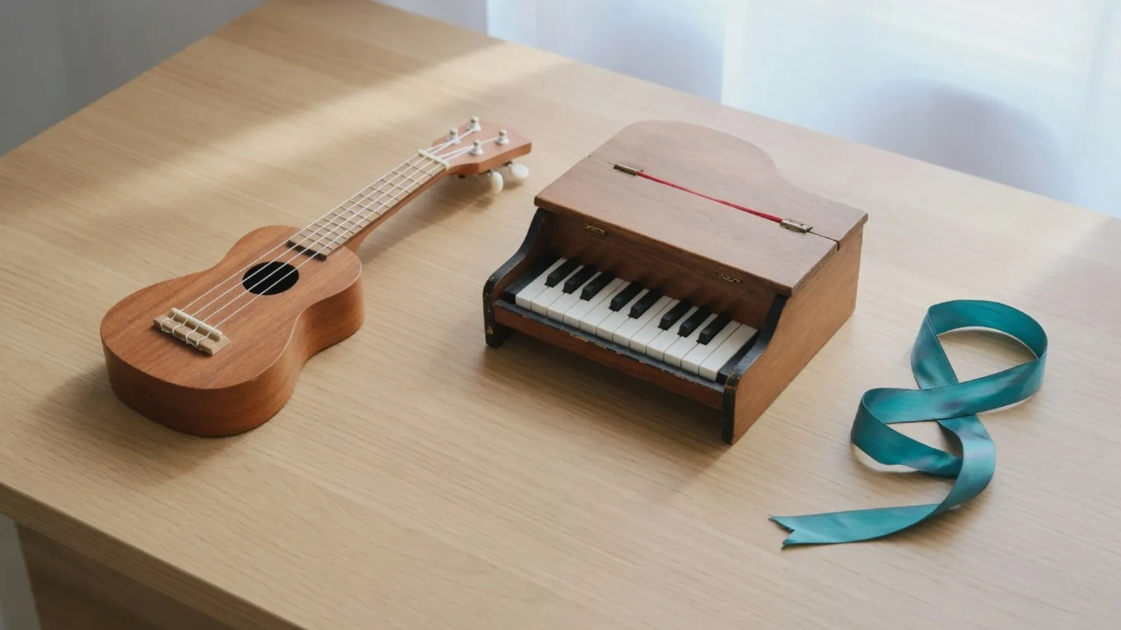 Eine Ukulele, ein kleines Holz-Spielzeugklavier und ein blaugrünes Band auf einem Holzschreibtisch