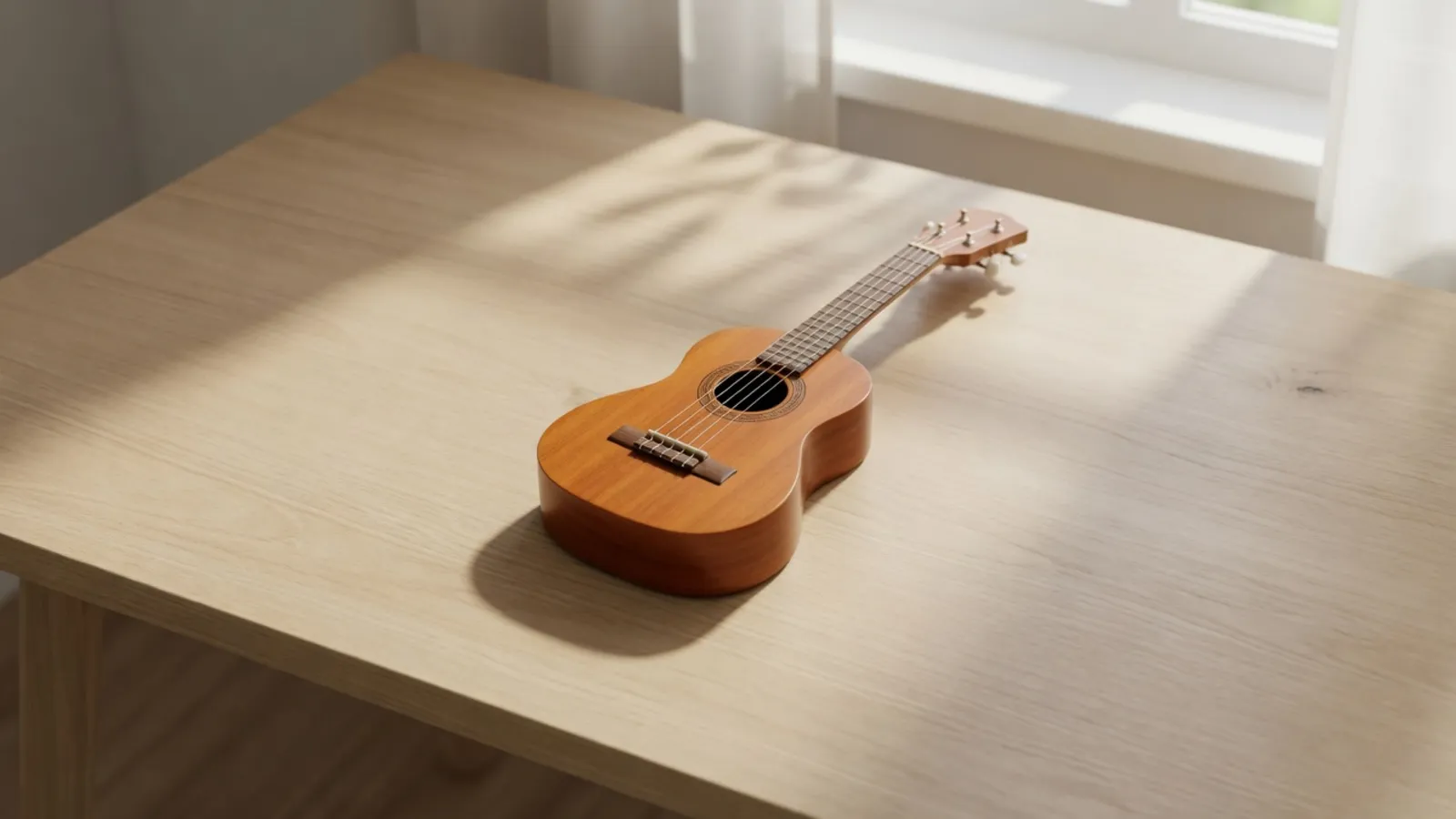 Eine einzelne Ukulele mittig auf einem leeren Holztisch.