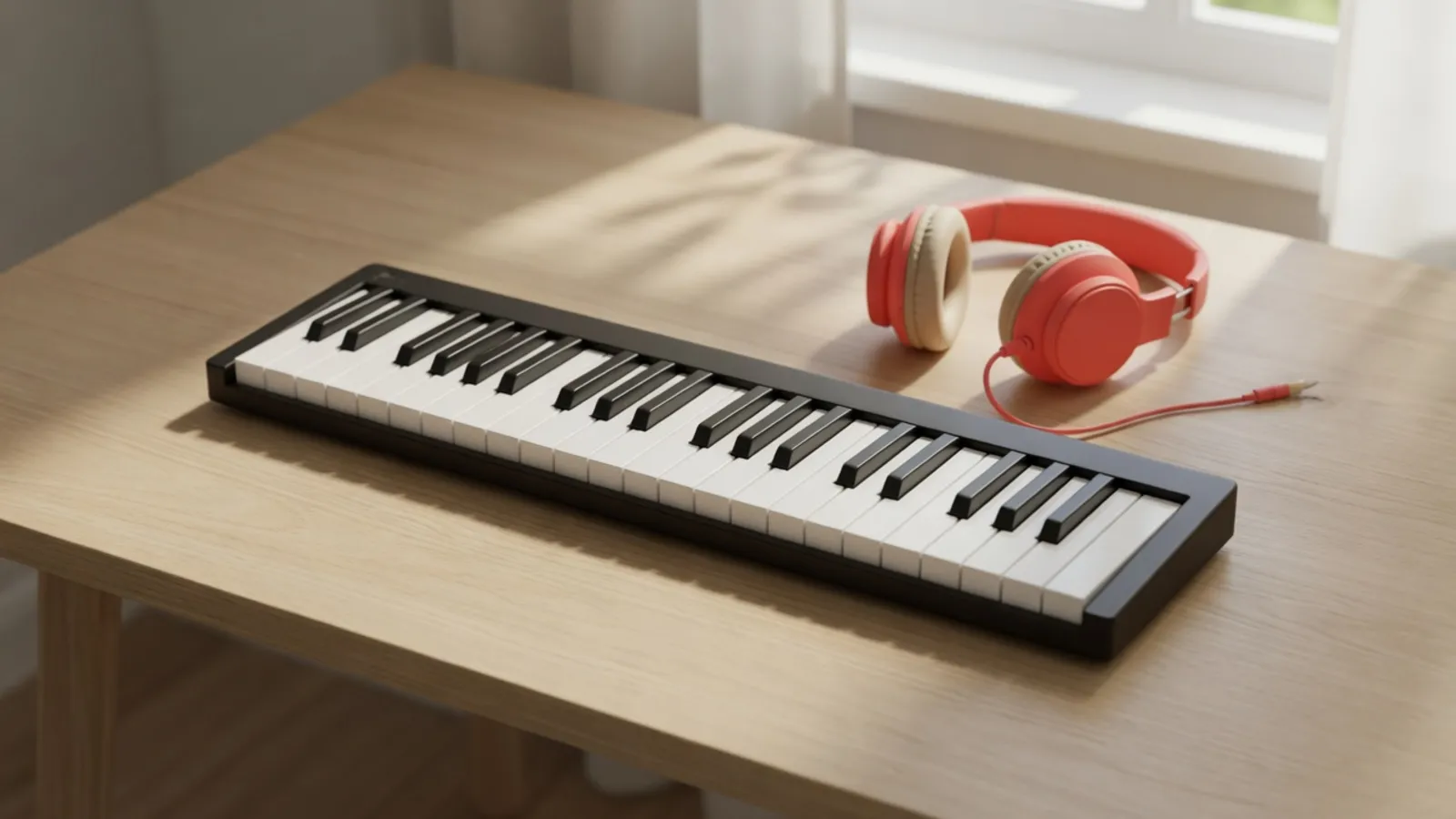 Ein kleines Keyboard und korallenfarbene Kopfhörer auf einem Holztisch.