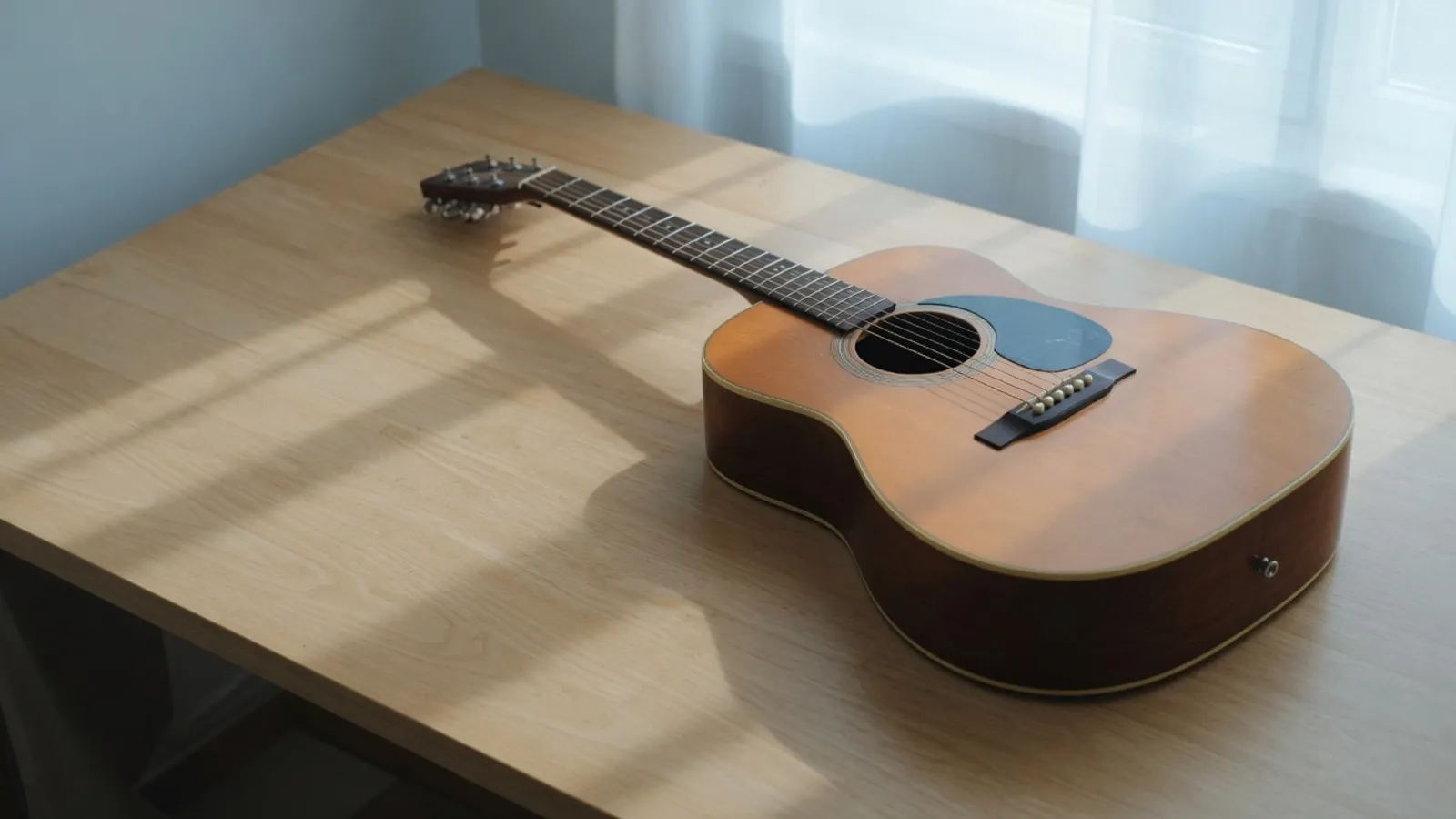 Eine Akustikgitarre liegt allein auf einem sonnenbeschienenen Holzschreibtisch