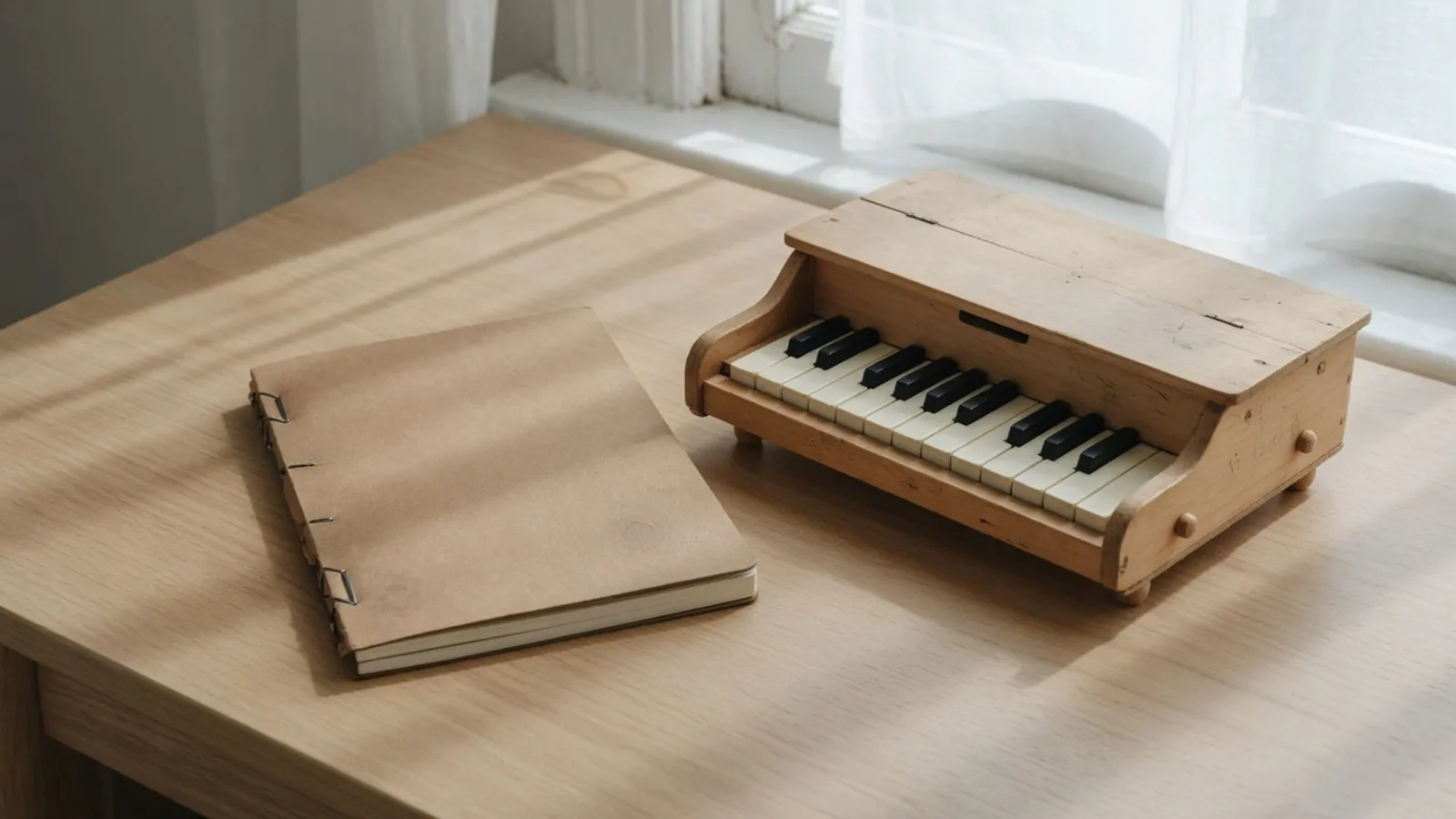 Ein geschlossenes Notizbuch aus Kraftpapier neben einem kleinen Holz-Spielzeugklavier