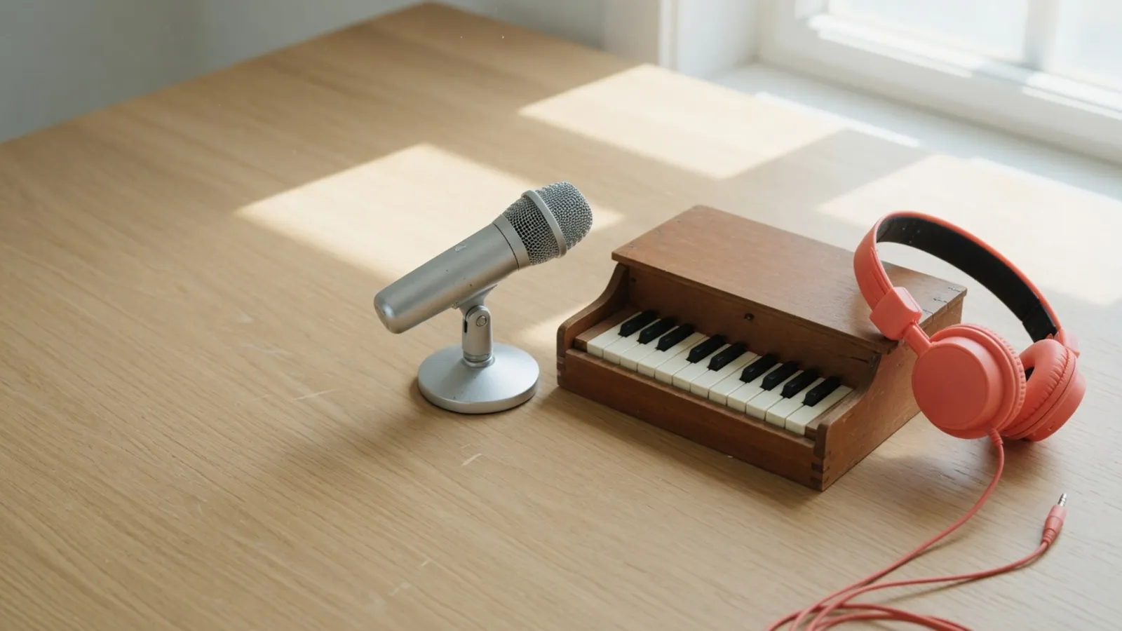 Ein silbernes Mikrofon, ein kleines Holz-Spielzeugklavier und korallenrote Kopfhörer auf einem sonnenbeschienenen Schreibtisch