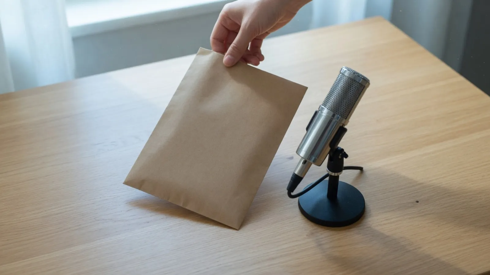 Eine Hand legt eine schlichte Hülle aus Kraftpapier neben ein Mikrofon auf einem Stativ
