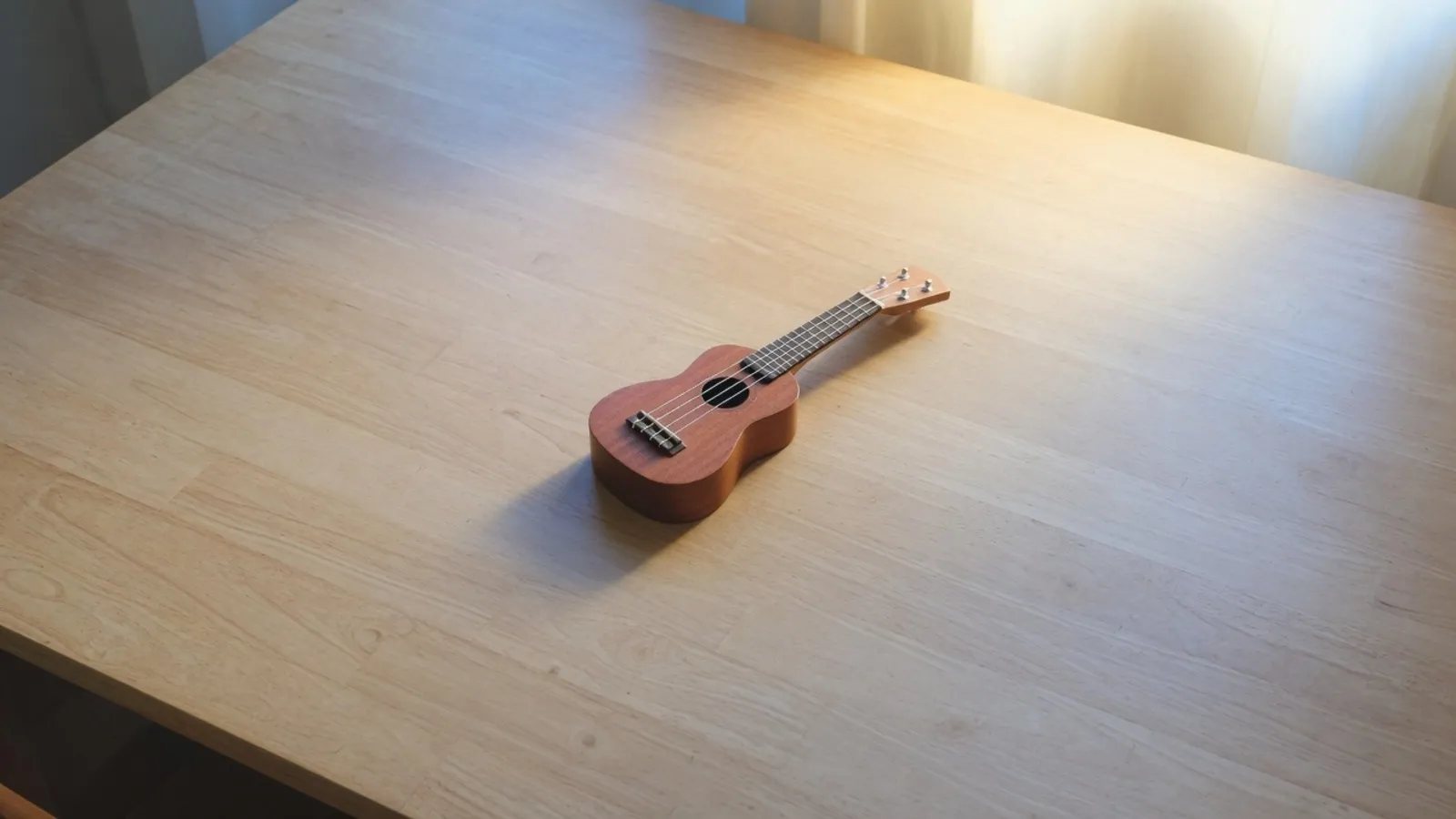 Eine einzelne Ukulele auf einem breiten Holzschreibtisch