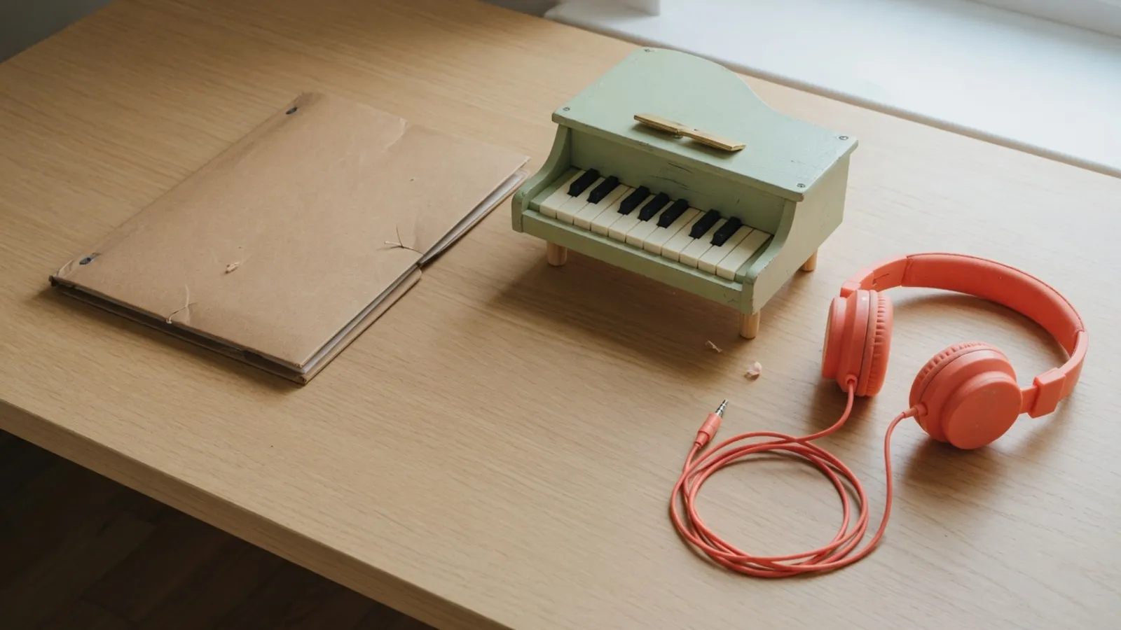 Eine Mappe aus Kraftpapier, ein kleines Spielzeugklavier und korallenrote Kopfhörer auf einem Schreibtisch aus Holz